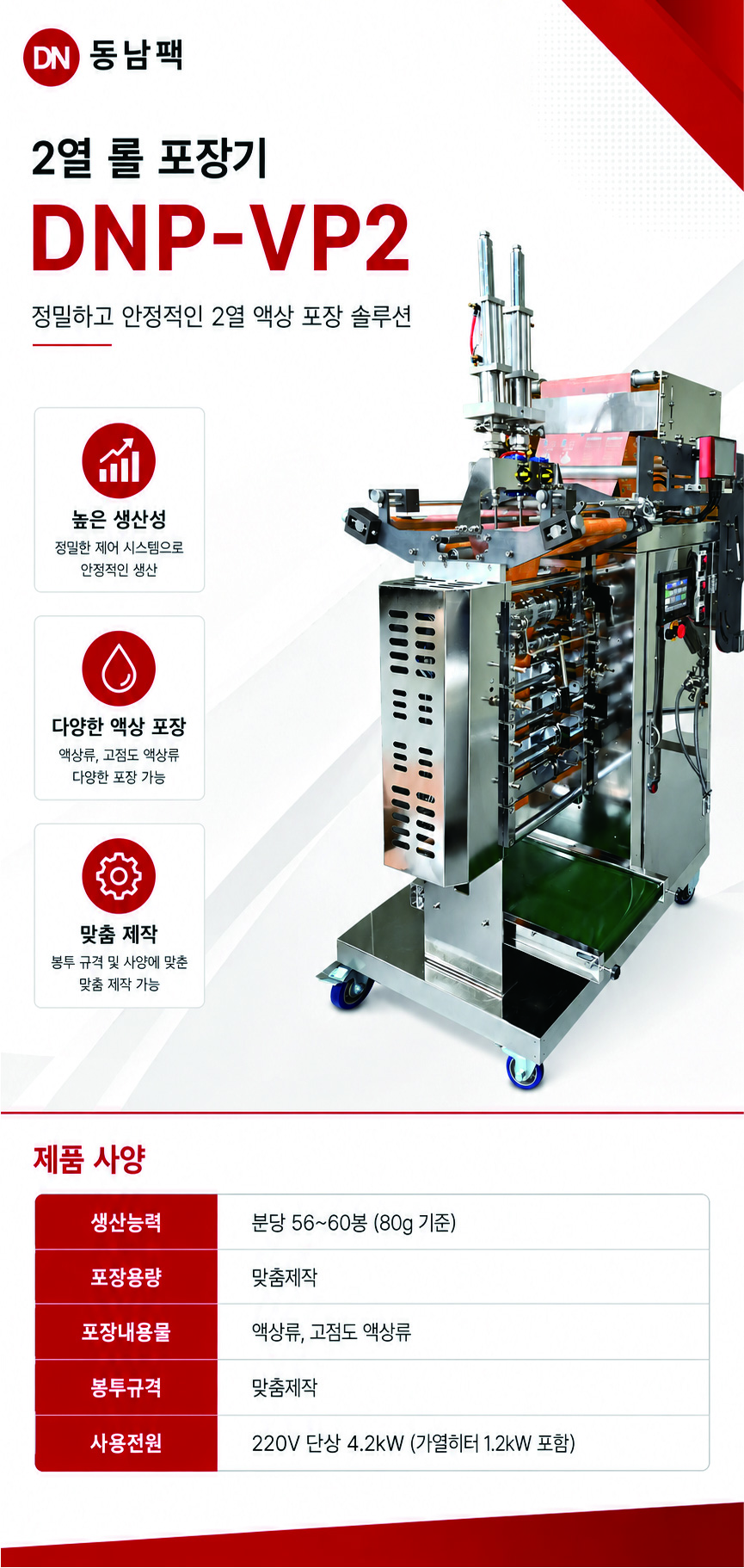 2열 롤 포장기 상세 사양 및 제품 소개 이미지